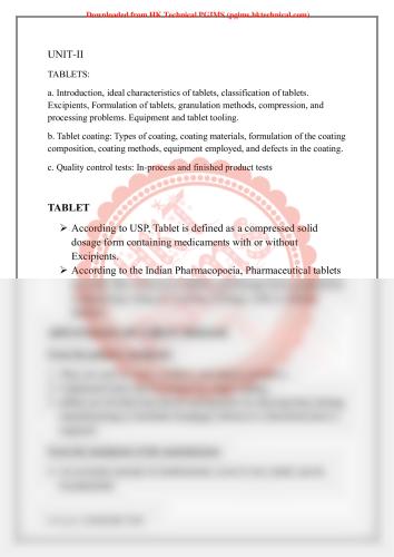 INDUSTRIAL Unit-2, TABLET 5th Semester B.Pharmacy Lecture Notes,BP502T Formulative (Industrial) Pharmacy,Industrial Pharmacy,